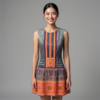 Denim straight dress with flared ruffle hem and ethnic brocade